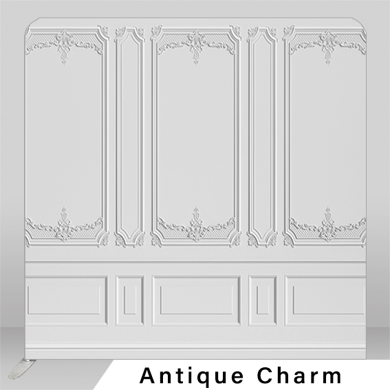 Antique Charm, white classic wall backdrop for Calgary photo booth rental