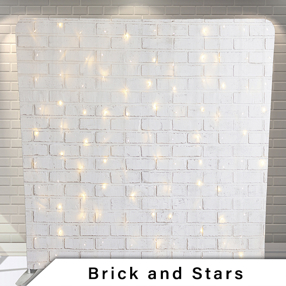 Calgary photo booth backdrop Bricks and Stars white brick wall with string lights