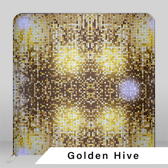 Calgary photo booth backdrop Golden Hive pixelated pattern resembling disco ball