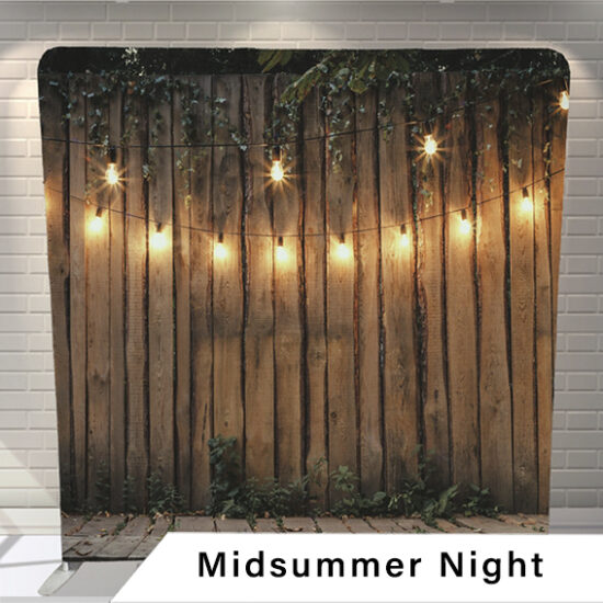 Calgary photo booth backdrop Midsummer Night backyard deck with fences and string lights