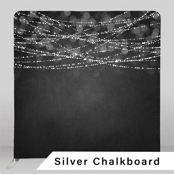 silver chalkboard backdrop with string lights for Calgary photo booth