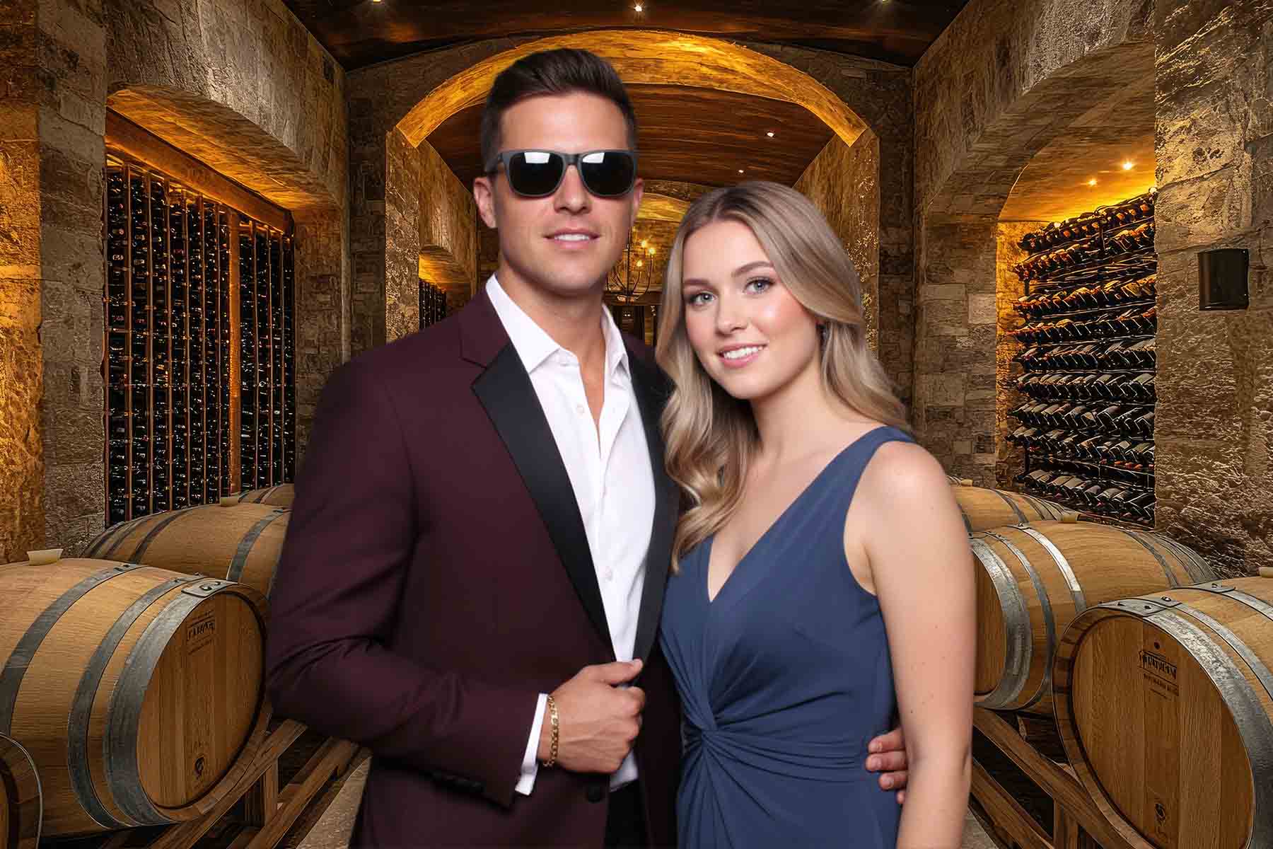 AI background swap placing guests into a rustic wine cellar setting.