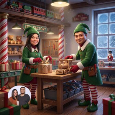 Guest’s photo transformed into Guest transformed into a whimsical elf with glowing eyes, pointed ears, and magical forest background.