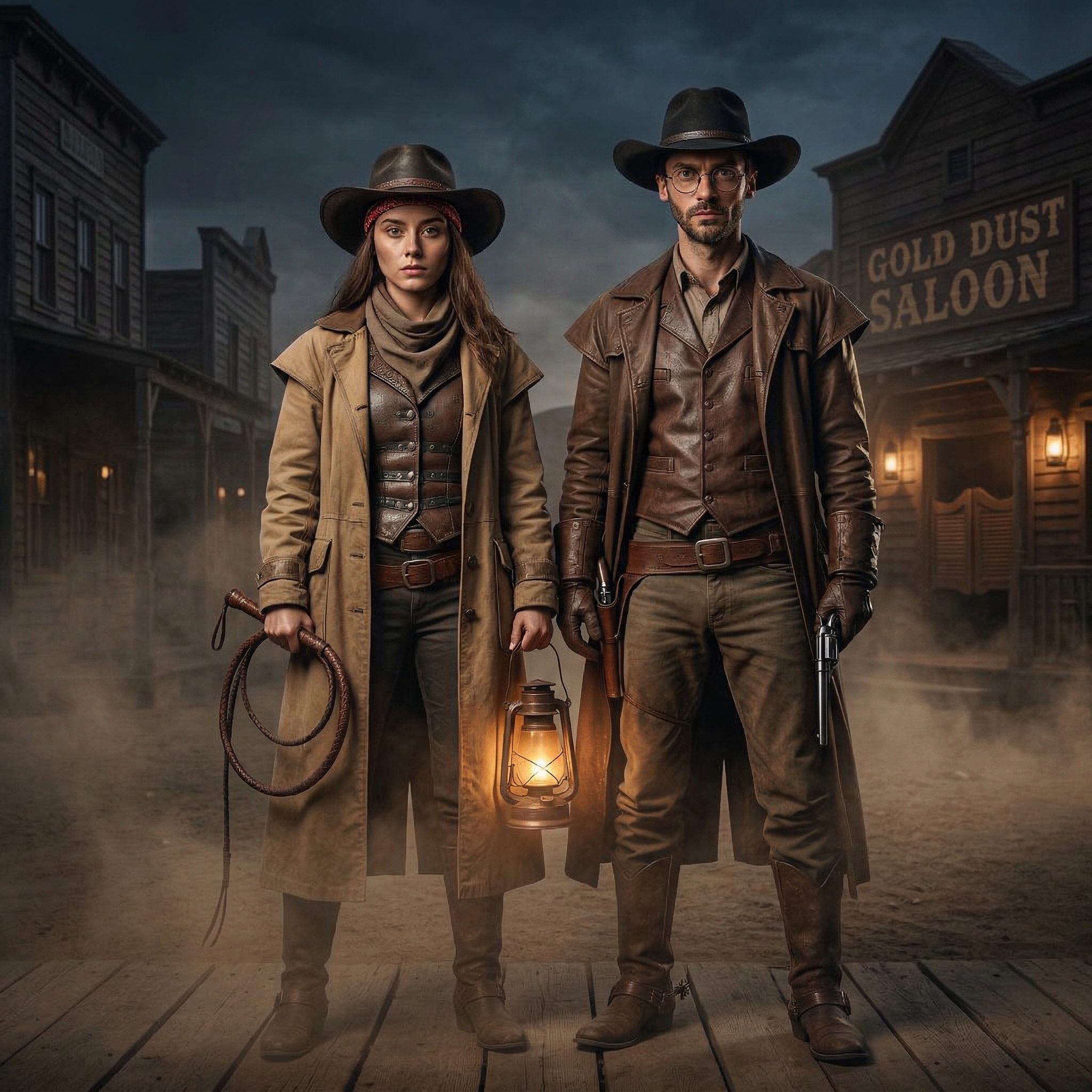 dramatic western street with gunslinger outfits, AI photo booth Calgary by RoBooth
