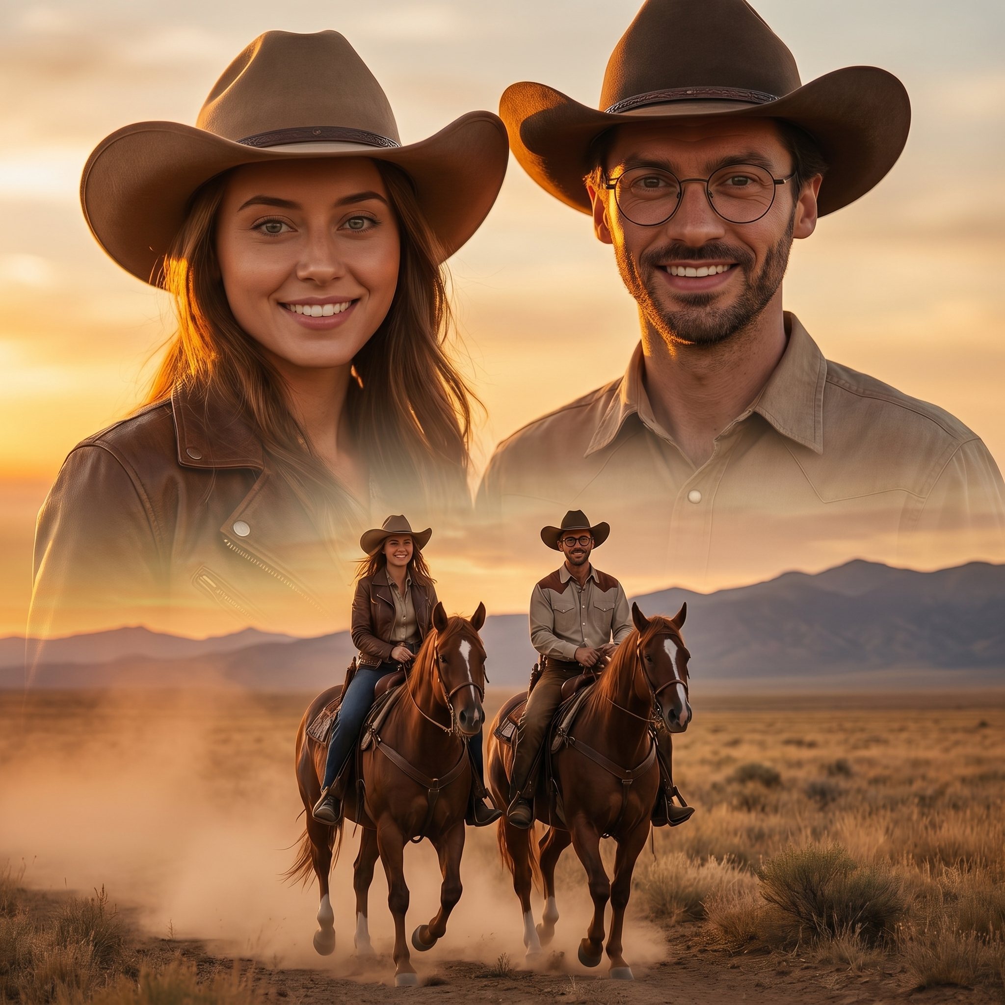 Western cowboy couple riding horses across prairie landscape, AI photo booth scene by RoBooth for Calgary Stampede events
