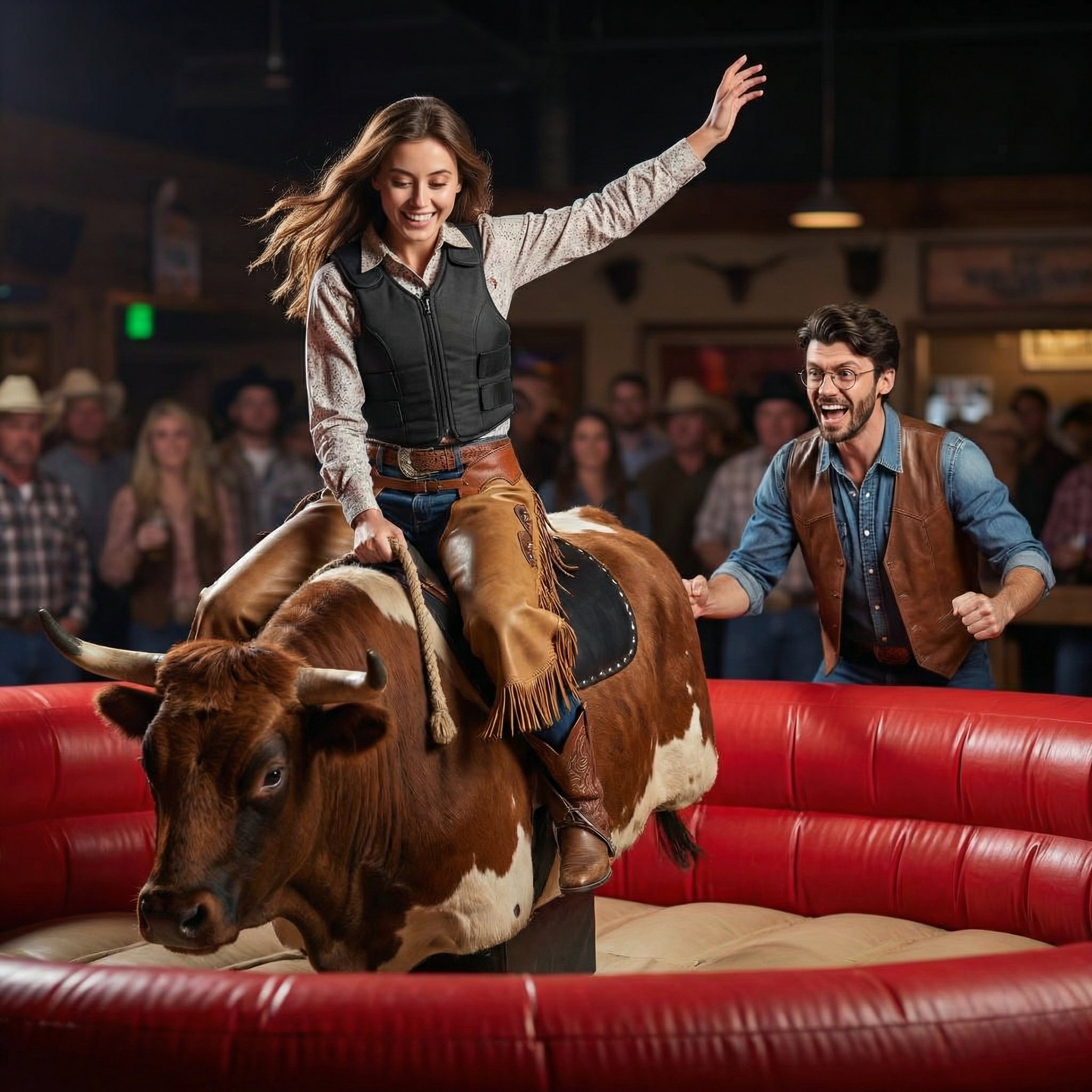 Cowgirl riding mechanical bull in rodeo arena, AI photo booth transformation Calgary