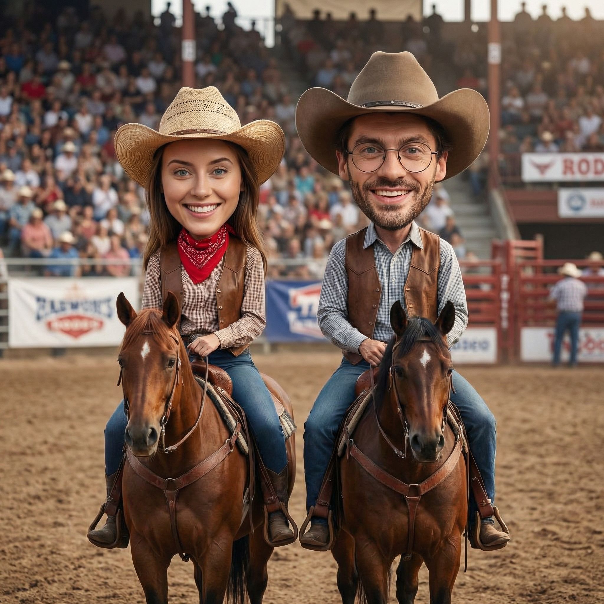 Funny big head cowboy couple riding rodeo horses, AI photo booth transformation for Calgary Stampede events by RoBooth